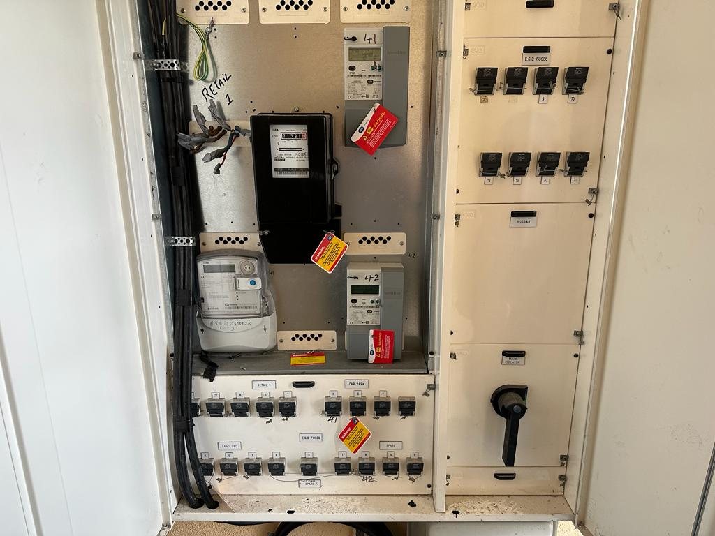 An open meter and distribution cabinet
